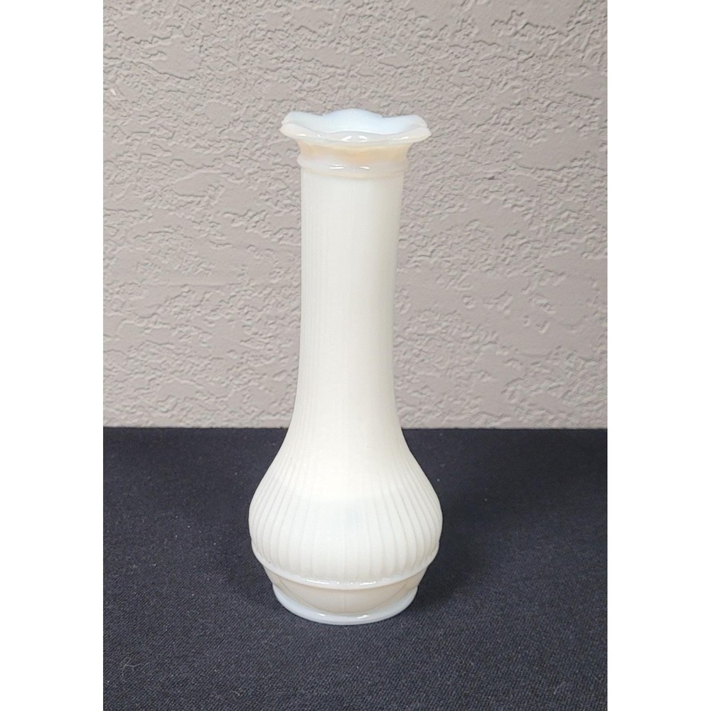 Randall White Milk Glass Bud Vase Ribbed Body w/ Ruffled Rim Vintage 1960s